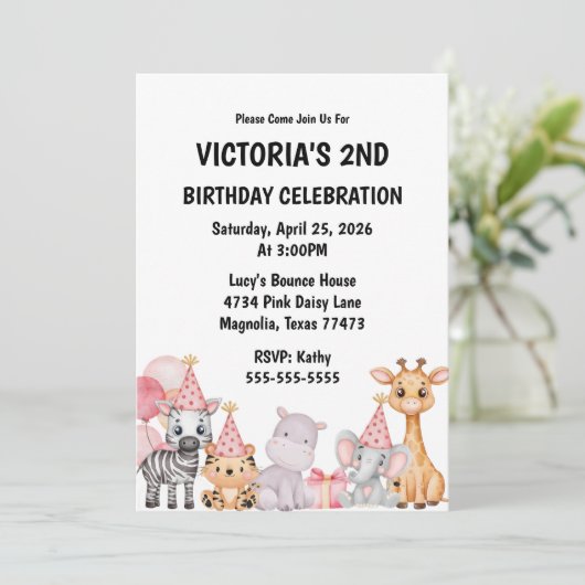Roze Safari Oerwoud Animal Verjaardagsuitnodiging Kaart (Staand voorkant)