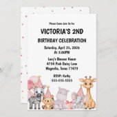 Roze Safari Oerwoud Animal Verjaardagsuitnodiging Kaart (Voorkant / Achterkant)