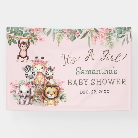 Roze Safari Oerwoud Baby shower Banner Meisjes The (Horizontaal)