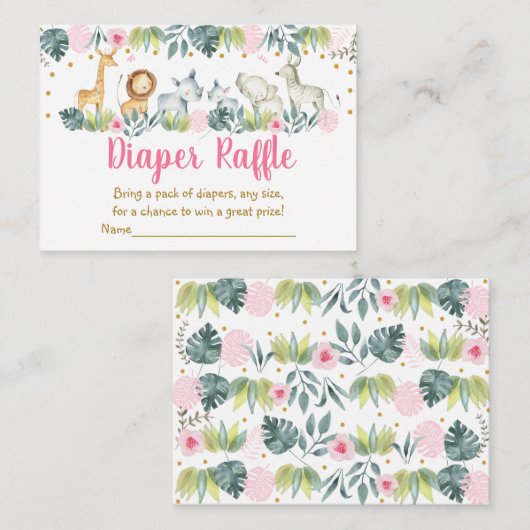 Roze Safari Oerwoud Baby shower Diaper Raffle Informatiekaartje (Voorkant / Achterkant)