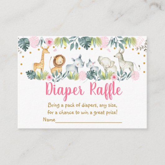 Roze Safari Oerwoud Baby shower Diaper Raffle Informatiekaartje (Voorkant)