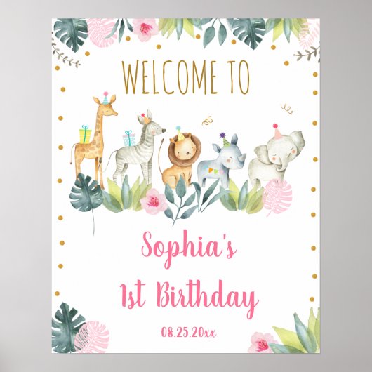 Roze Safari Oerwoud Party Animals Birthday Welkom Poster (Voorkant)