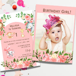 Roze Safari Thema First Birthday Photo Invitation Kaart
