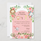 Roze Safari Thema First Birthday Photo Invitation Kaart (Voorkant)