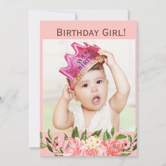Roze Safari Thema First Birthday Photo Invitation Kaart (Achterkant)
