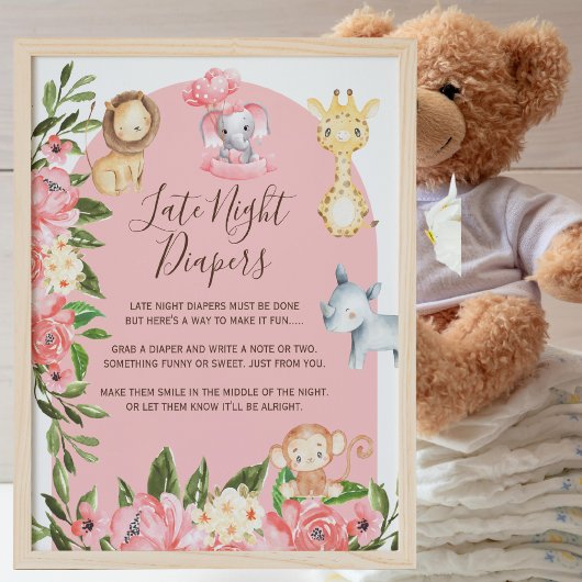 Roze Safari Theme Late Night Diaper Gezegden Sign Poster