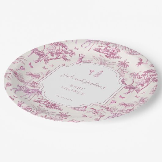 Roze Safari Toile de Jouy | Baby Shower Papieren Bordje (Gekanteld)