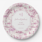Roze Safari Toile de Jouy | Baby Shower Papieren Bordje (Voorkant)