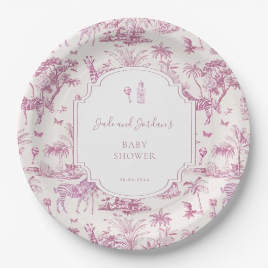 Roze Safari Toile de Jouy | Baby Shower Papieren Bordje (Voorkant)