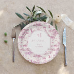 Roze Safari Toile de Jouy | Baby Shower Papieren Bordje<br><div class="desc">Verhoog uw baby shower met deze prachtige roze Safari Toile de Jouy papieren borden, ideaal voor het vieren van de aankomende komst in stijl! Deze borden zijn voorzien van een elegant toile de Jouy-ontwerp in zachtroze en zijn versierd met grillige safaridieren zoals zebra's, giraffen en tropische palmen, waardoor uw evenement...</div>