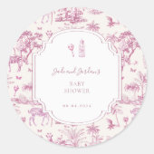 Roze Safari Toile de Jouy | Baby Shower Ronde Sticker (Voorkant)