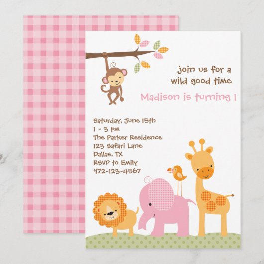 Roze Safari-uitnodigingen Kaart (Voorkant / Achterkant)