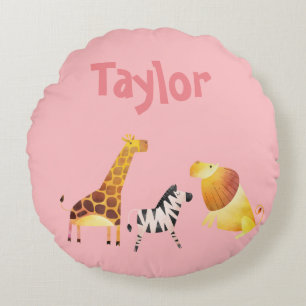 roze Safari Zebra Giraffe Lion Rond Kussen