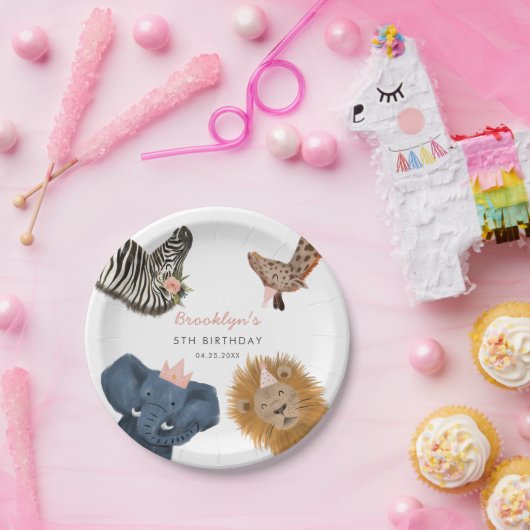 Roze Safari Zoo Dieren Verjaardagsfeest Papieren Bordje (Feest)