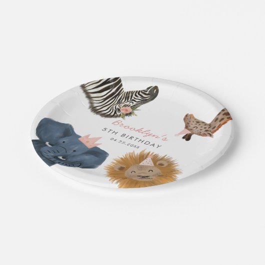 Roze Safari Zoo Dieren Verjaardagsfeest Papieren Bordje (Gekanteld)