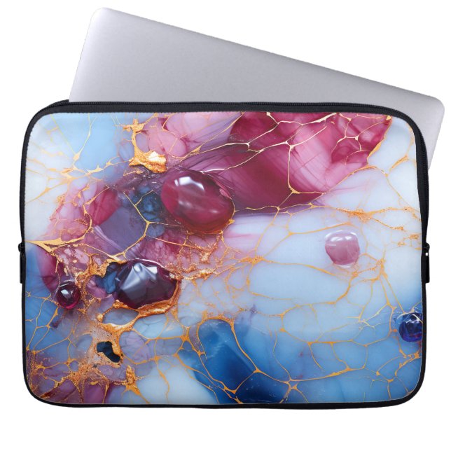 Roze & saffiermarmer met gouden aders laptop sleeve (Voorkant)
