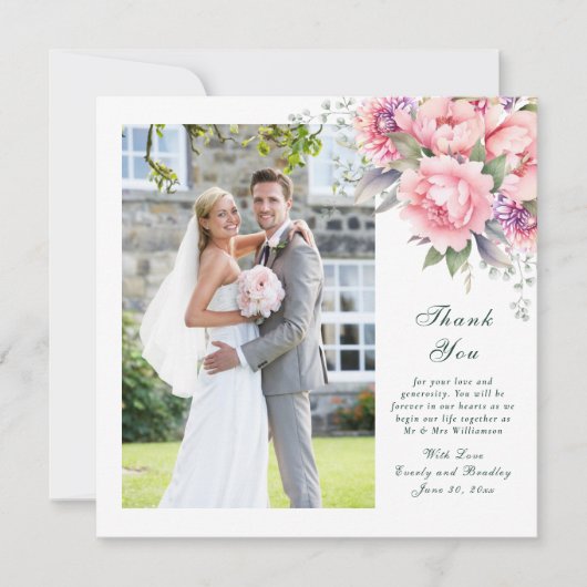 Roze Sage Emerald Floral Script Wedding Bedankt Kaart (Voorkant)