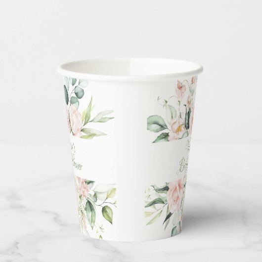 Roze Sage Gepersonaliseerd Elegant Bloemen Baby sh Papieren Bekers (Links)