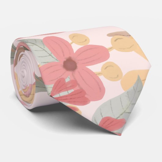 Roze Sage Green Floral laat Waterverf Patroon Stropdas (Opgerold)