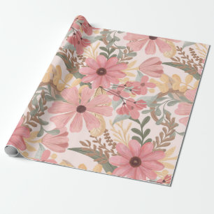 Roze Sage Green Floral laat Waterverf Pattern Cadeaupapier
