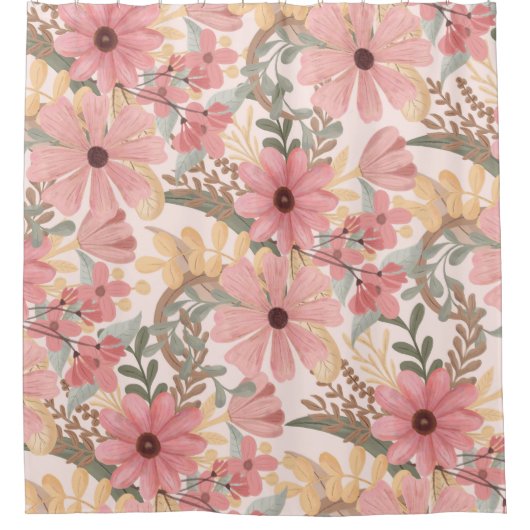 Roze Sage Green Floral laat Waterverf Pattern Douchegordijn (Voorkant)