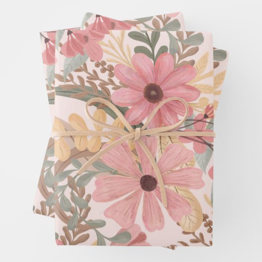 Roze Sage Green Floral laat Waterverf Pattern Inpakpapier Vel (In situ)