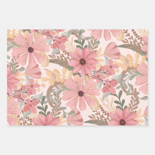 Roze Sage Green Floral laat Waterverf Pattern Inpakpapier Vel (Voorkant)