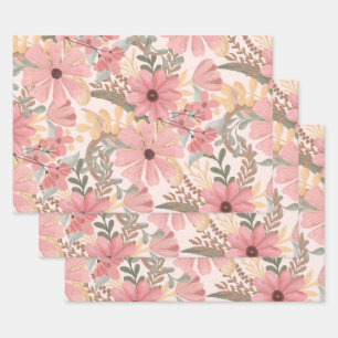 Roze Sage Green Floral laat Waterverf Pattern Inpakpapier Vel