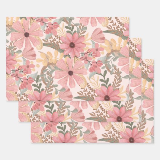 Roze Sage Green Floral laat Waterverf Pattern Inpakpapier Vel (Set)