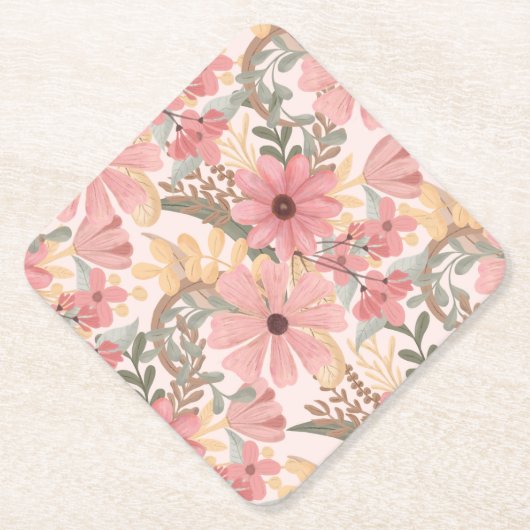Roze Sage Green Floral laat Waterverf Pattern Kartonnen Onderzetters (Voorkant)