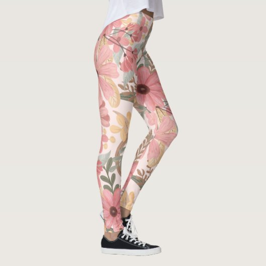 Roze Sage Green Floral laat Waterverf Pattern Leggings (Rechts)