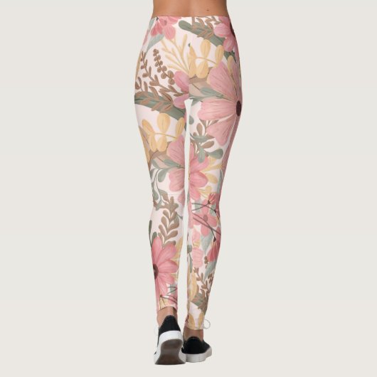 Roze Sage Green Floral laat Waterverf Pattern Leggings (Achterkant)