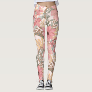 Roze Sage Green Floral laat Waterverf Pattern Leggings