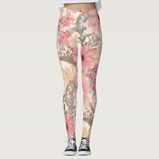 Roze Sage Green Floral laat Waterverf Pattern Leggings (Voorkant)