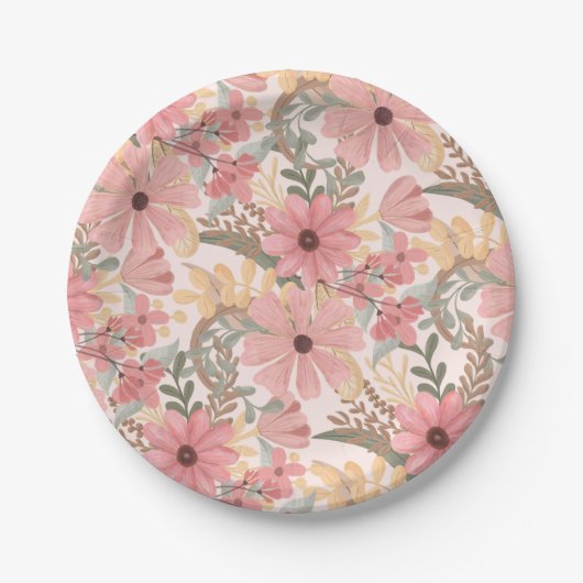 Roze Sage Green Floral laat Waterverf Pattern Papieren Bordje (Voorkant)