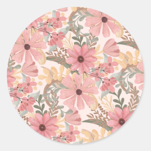 Roze Sage Green Floral laat Waterverf Pattern Ronde Sticker (Voorkant)