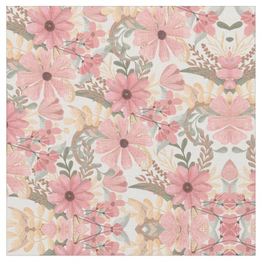 Roze Sage Green Floral laat Waterverf Pattern Stof (Close Up)