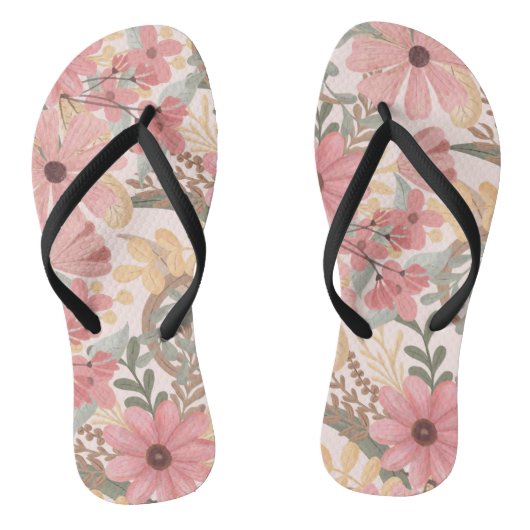 Roze Sage Green Floral laat Waterverf Pattern Teenslippers (Voetbed)