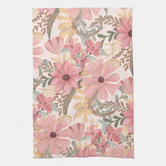 Roze Sage Green Floral laat Waterverf Pattern Theedoek (Verticaal)