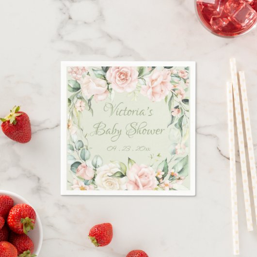 Roze Sage Groen Bloemen Gepersonaliseerd Baby show Servet (Insitu)