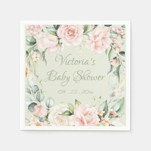 Roze Sage Groen Bloemen Gepersonaliseerd Baby show Servet (Voorkant)