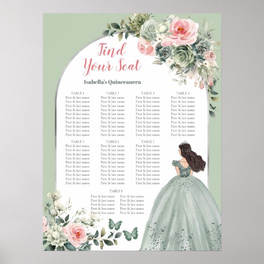 Roze Sage Groen Quinceañera Zitkaarten Teken Poster (Voorkant)