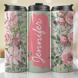 Roze Sage Groene Bloemen Naam toevoegen Aangepast Thermosbeker