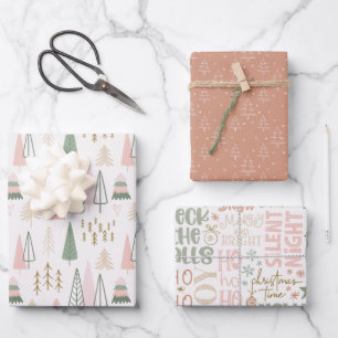 Roze Sage Groene Boho Kerstboom Inpakpapier Vel