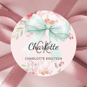 Roze sage groene strik bloemen monogram ronde sticker