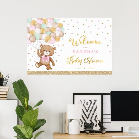 Roze Sage Groene Teddybeer Ballon Welkom Baby Poster (Thuiskantoor)