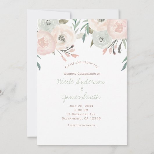 Roze Sage Mint Groen Moderne Bloemen Huwelijk Kaart (Voorkant)