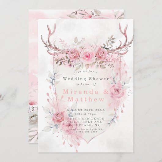 Roze Sage Peony Deer AntlerS Wedding Shower Invite (Voorkant / Achterkant)