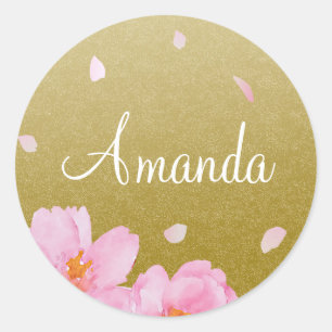 Roze Sakura Cherry Blossom op Gold Custom Name Ronde Sticker