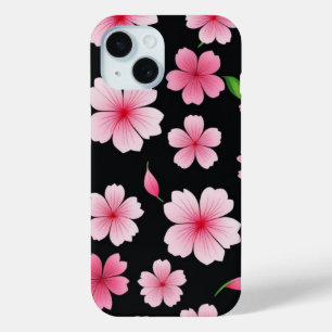 Roze Sakura Cherry Blossom op zwarte achtergrond iPhone 15 Case